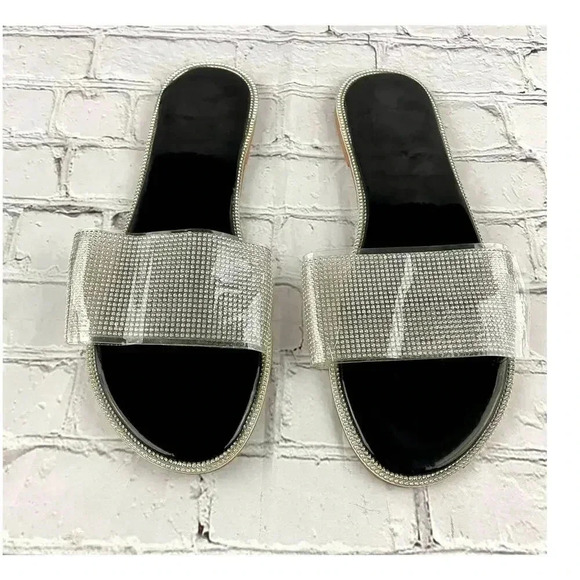 Rhinestone Clear One Band Slip On Sandals Flats Sz 10.5 EU 43 - Picture 2 of 7